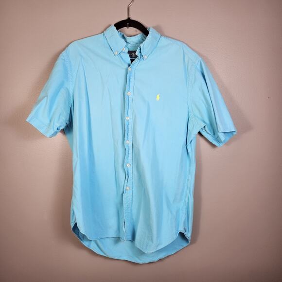 Men's RALPH LAUREN Shirt Aqua Blue Button Up Short Sleeve Distressed Size Large - Picture 1 of 7